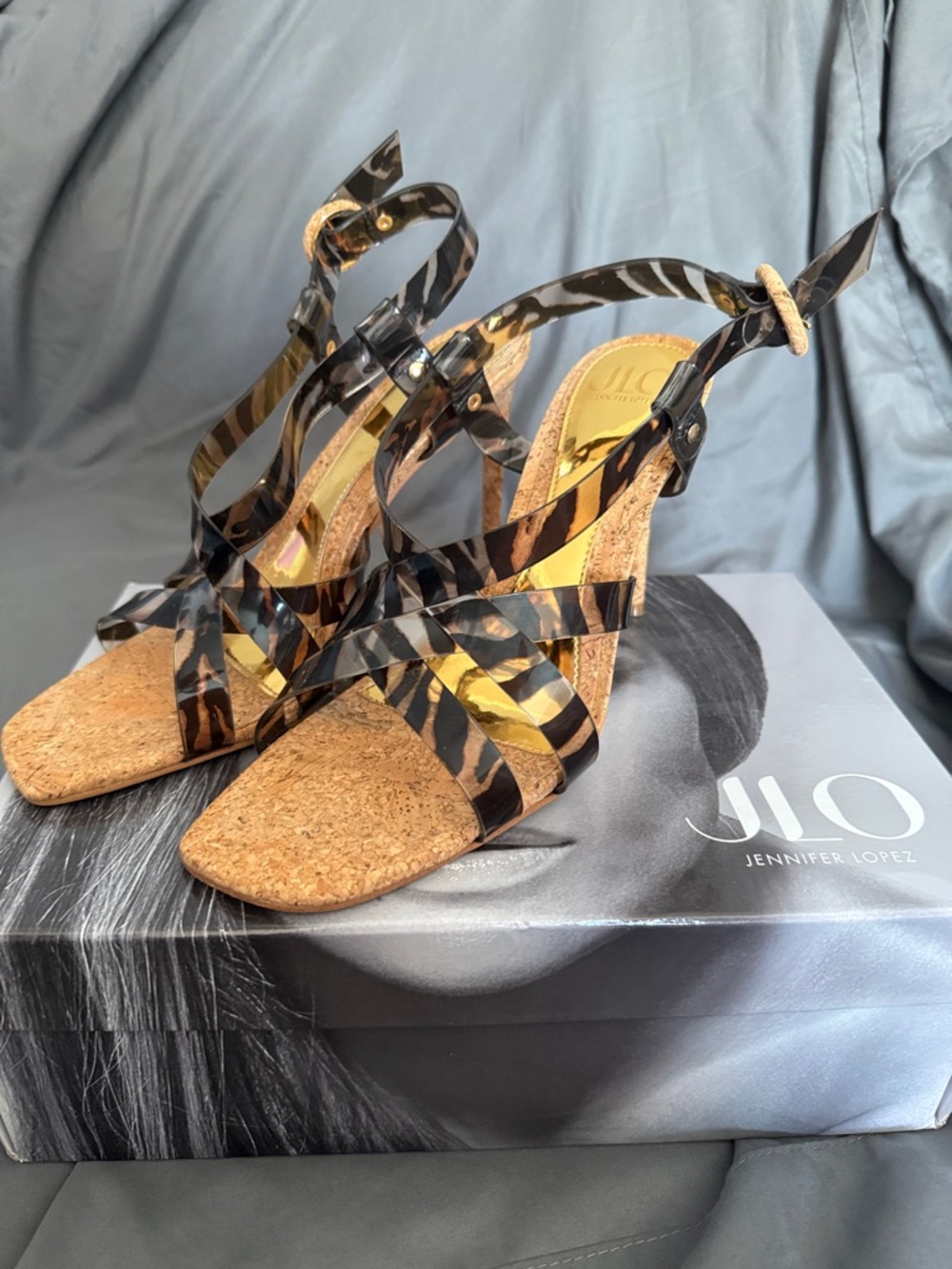 Jennifer Lopez Brown Animal Print Strappy Cork Wedge Sandals